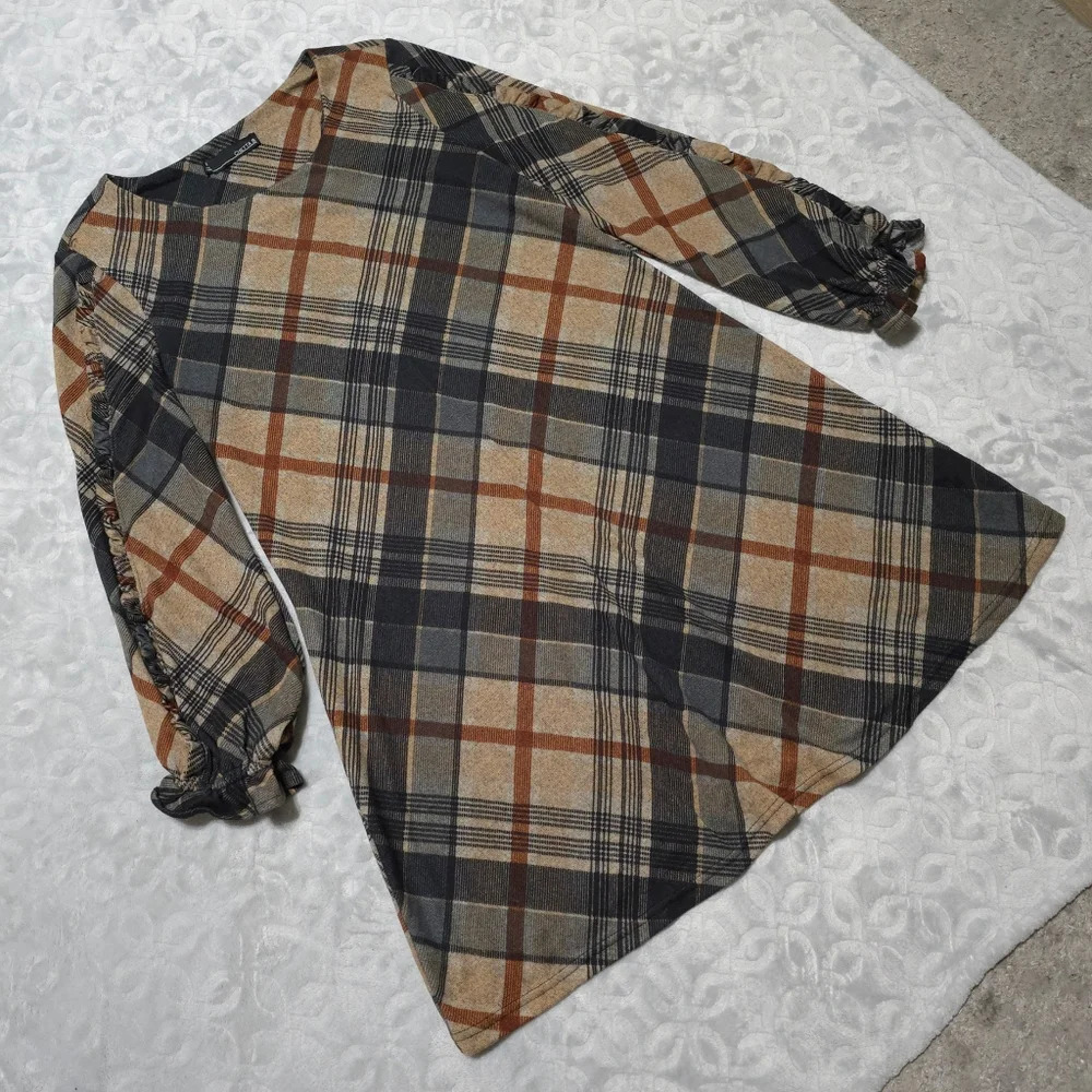 CHETTA B Bias Plaid 3/4 Sleeve Mini Knit Dress, Ruffle Details, Size M - Picture 9 of 15